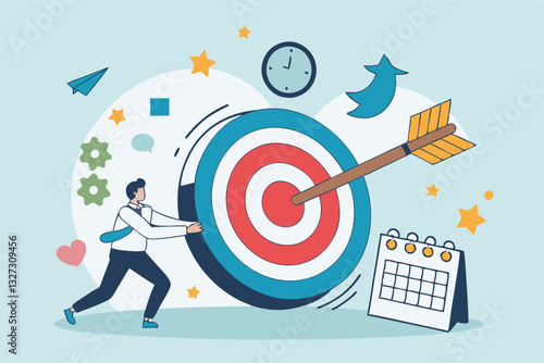 Goals setting, target achievement, focus on success outcome, planning to reach target bullseye, measurable result or clarity motivation concept, businessman with target bullseye and goal elements.
