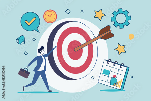 Goals setting, target achievement, focus on success outcome, planning to reach target bullseye, measurable result or clarity motivation concept, businessman with target bullseye and goal elements.