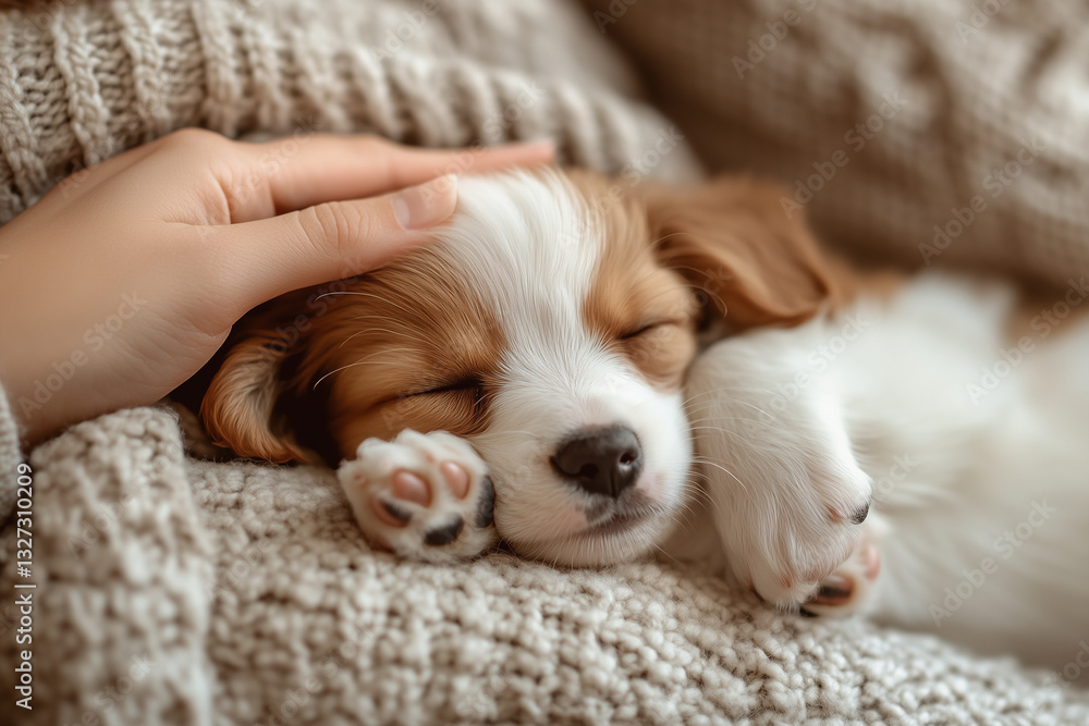 Obraz premium Close-up of a sleeping Cavalier King Charles Spaniel puppy being petted