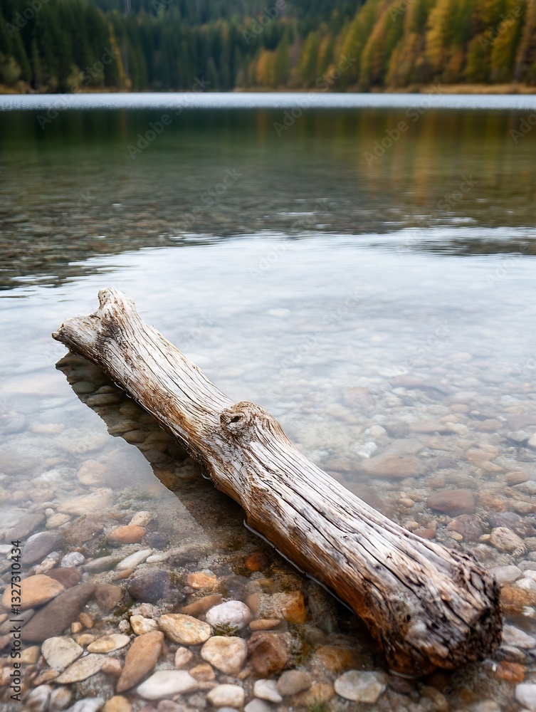 Tranquil Lake Scene with a Weathered Log Resting on the Shore Surrounded by Clear Water : Generative AI Tranquil Lake Scene with a Weathered Log Resting on the Shore Surrounded by Clear Water : Generative AI