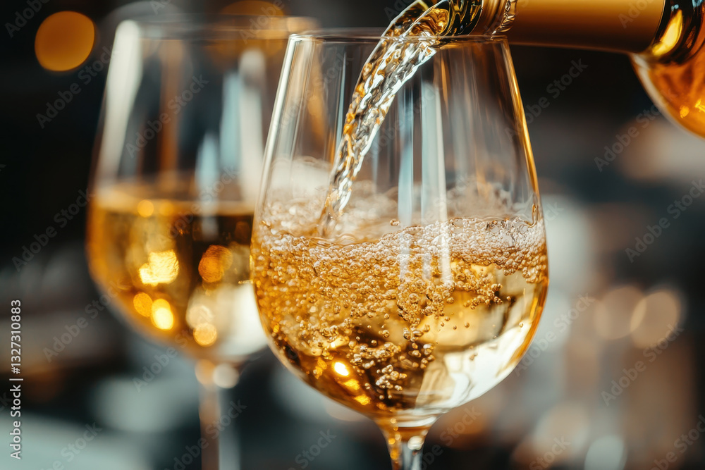 Obraz premium Champagne poured into glass at festive event, bubbles fizzing elegantly.