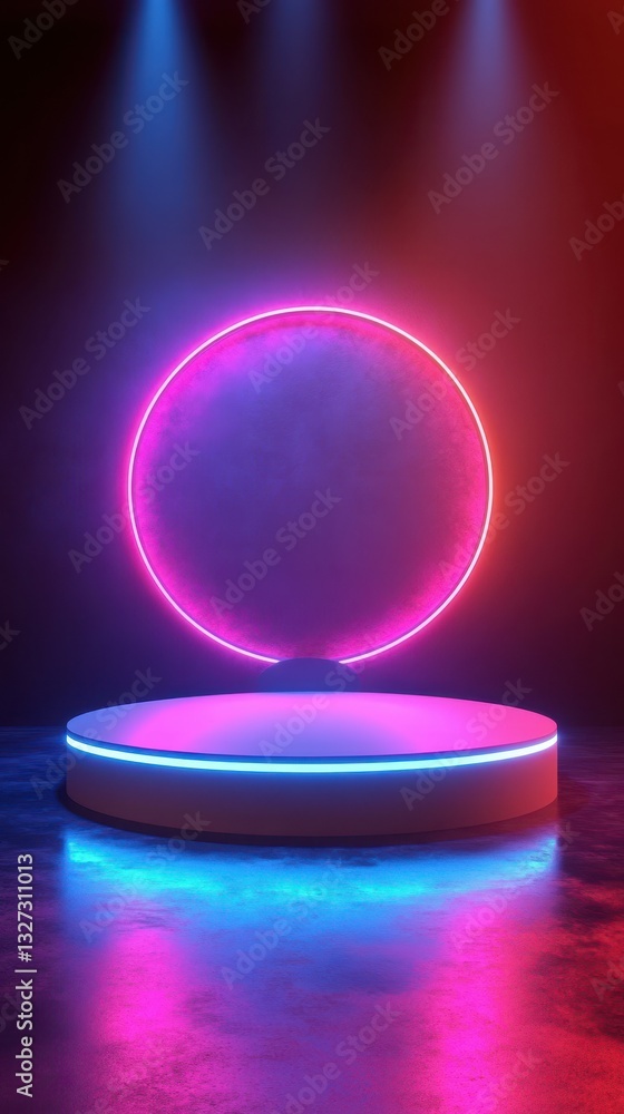 Obraz premium Vibrant neon stage with circular light setup at night for a creative performance or event