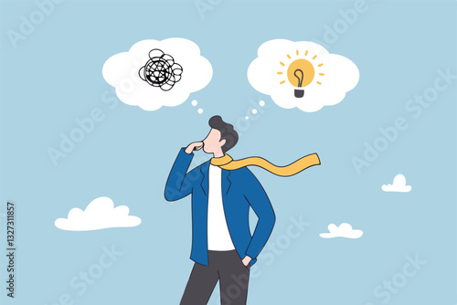 Problem solving, solution or strategic thinking, creativity to solve frustrated problem, contemplation on messy issue, opportunity discovery, businessman thinking with mess problem and lightbulb idea.