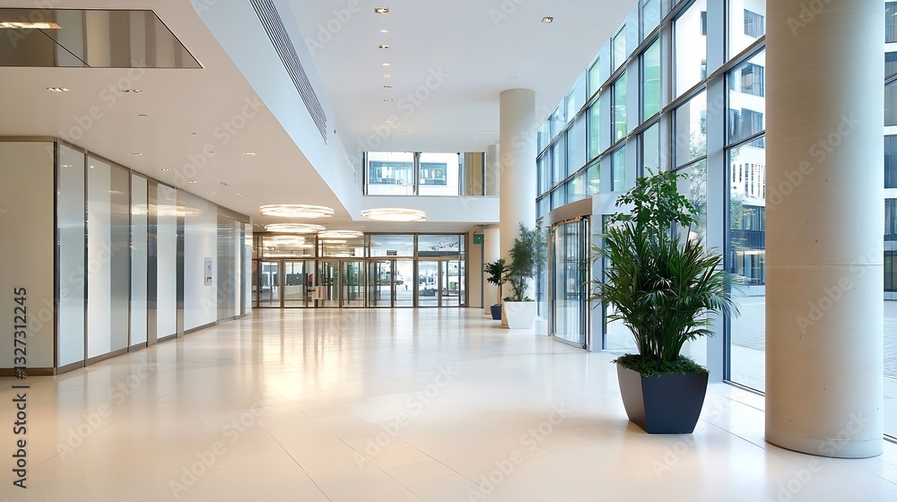 Obraz premium Modern spacious lobby interior with glass walls and plants creating an inviting atmosphere : Generative AI