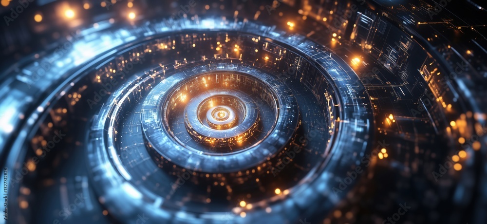 Futuristic abstract spiral design with glowing lights and digital patterns Futuristic abstract spiral design with glowing lights and digital patterns