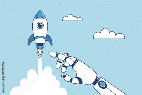 Innovation technology, AI artificial intelligence robot, machine learning project for automation system, innovative algorithm assistance, breakthrough creation concept, robot hand launch new rocket.