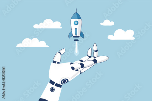Innovation technology, AI artificial intelligence robot, machine learning project for automation system, innovative algorithm assistance, breakthrough creation concept, robot hand launch new rocket.