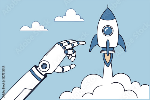 Innovation technology, AI artificial intelligence robot, machine learning project for automation system, innovative algorithm assistance, breakthrough creation concept, robot hand launch new rocket.