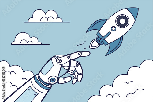 Innovation technology, AI artificial intelligence robot, machine learning project for automation system, innovative algorithm assistance, breakthrough creation concept, robot hand launch new rocket.