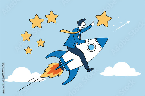 Success achievement, boost growth development to reach target, leadership to win business challenge, startup, entrepreneur or ambition to win, businessman riding fast rocket to reach success star.