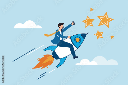 Success achievement, boost growth development to reach target, leadership to win business challenge, startup, entrepreneur or ambition to win, businessman riding fast rocket to reach success star.