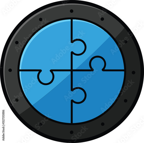 Circular puzzle piece design featuring four blue segments in a flat, minimal style, representing teamwork and problem-solving in vector art