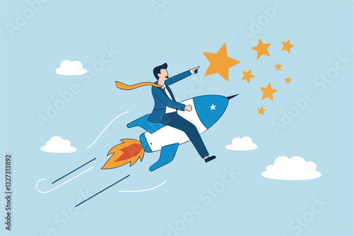 Success achievement, boost growth development to reach target, leadership to win business challenge, startup, entrepreneur or ambition to win, businessman riding fast rocket to reach success star.