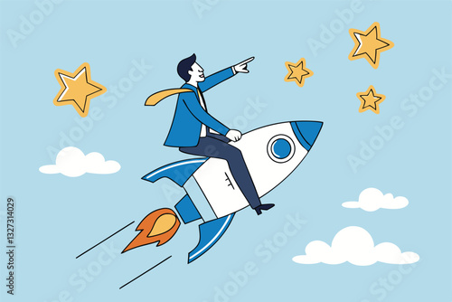 Success achievement, boost growth development to reach target, leadership to win business challenge, startup, entrepreneur or ambition to win, businessman riding fast rocket to reach success star.