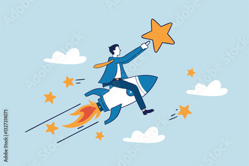Success achievement, boost growth development to reach target, leadership to win business challenge, startup, entrepreneur or ambition to win, businessman riding fast rocket to reach success star.