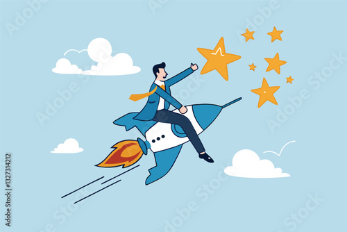 Success achievement, boost growth development to reach target, leadership to win business challenge, startup, entrepreneur or ambition to win, businessman riding fast rocket to reach success star.