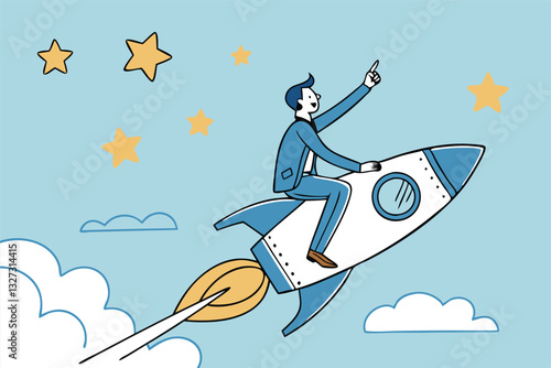 Success achievement, boost growth development to reach target, leadership to win business challenge, startup, entrepreneur or ambition to win, businessman riding fast rocket to reach success star.