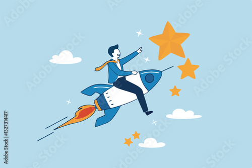 Success achievement, boost growth development to reach target, leadership to win business challenge, startup, entrepreneur or ambition to win, businessman riding fast rocket to reach success star.