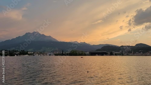 Mount Pilatus and Lake Lucerne at sunset, Switzerland landscape