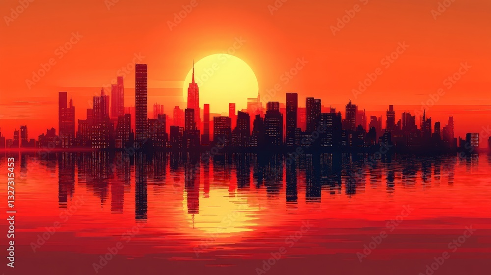 Fototapeta premium Sunrise over New York City skyline reflected in water