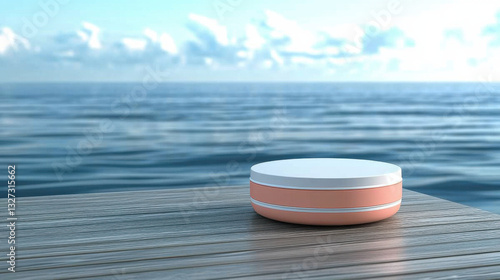 Minimalist beauty product podium display minimal round container on wooden surface with serene ocean background
