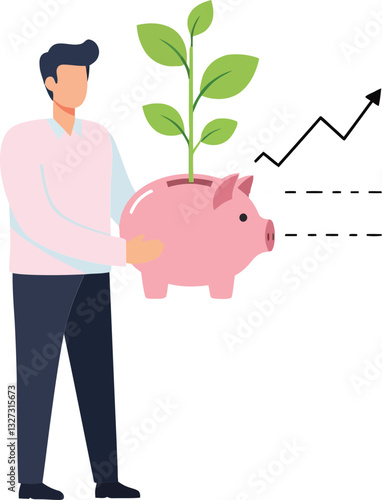 A man holding a pink piggy bank with growing plants and an upward trend line, illustrated in a flat vector art style