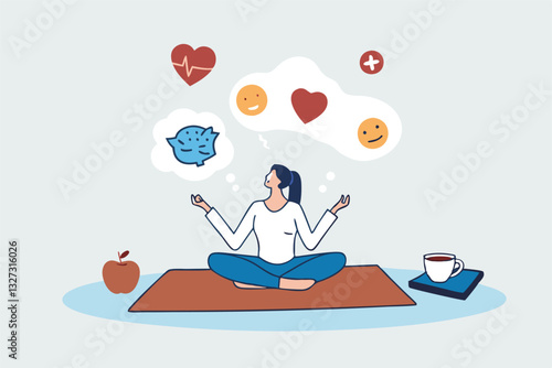 Wellness, lifestyle wellbeing, relaxation to balance happiness, mindfulness mental health, vitality or zen-like health nutrition, meditation concept, calmness woman meditate health wellness elements.