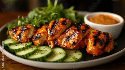 A delicious buffalo chicken wrap, featuring crispy chicken tenders tossed in spicy buffalo sauce, thinly sliced cucumbers, and a touch of honey mustard, wrapped in a grilled tortilla,