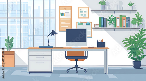 A clean and organized office space with a desk, chair, computer monitor