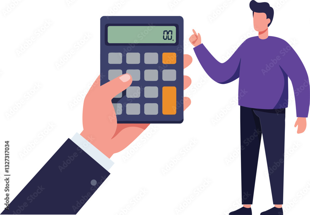 A hand holding a calculator while a man gestures confidently, showcasing a modern flat design style, representing calculation and analysis in vector art A hand holding a calculator while a man gestures confidently, showcasing a modern flat design style, representing calculation and analysis in vector art