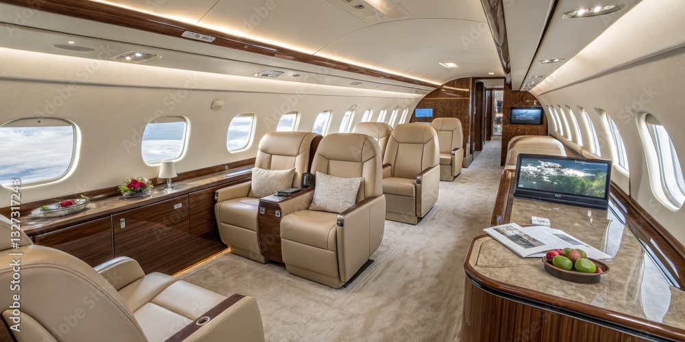 Obraz premium Luxurious Private Jet Interior with Leather Seats and Modern Amenities, Air travel, Interior design