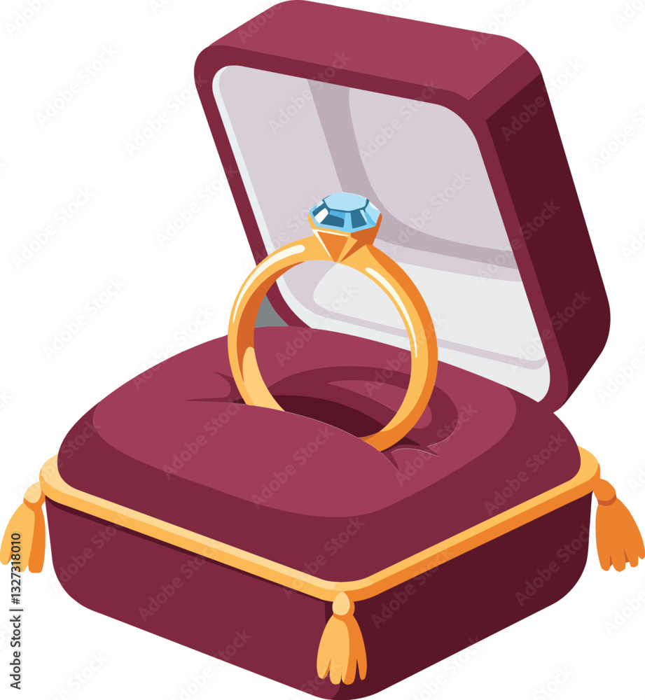 Elegant engagement ring nestled in a plush burgundy box showcasing a detailed flat design vector illustration