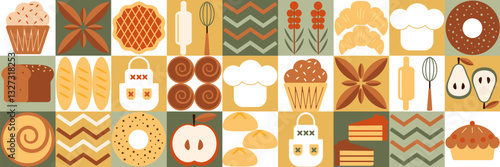 Bread and pastries abstract background. Geometric pattern bakery menu bread, croissant, donut, cupcakes. Pastries and dessert in trendy style, seamless pattern with icons related to bakery, cafe.