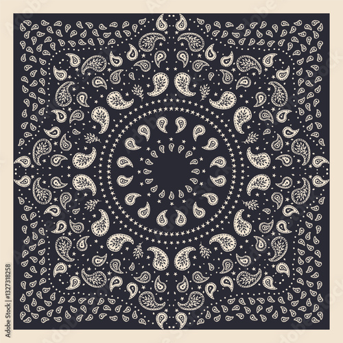 Black and white scarf or bandana design with paisley mandala pattern. Ethnic monochrome carpet design. Abstract boho background.