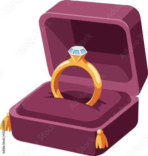 Elegant gold engagement ring displayed in a plush burgundy velvet box with a sparkling diamond on top, flat vector art