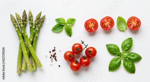 Fresh Asparagus, Cherry Tomatoes, Basil, and Spices for Cooking
