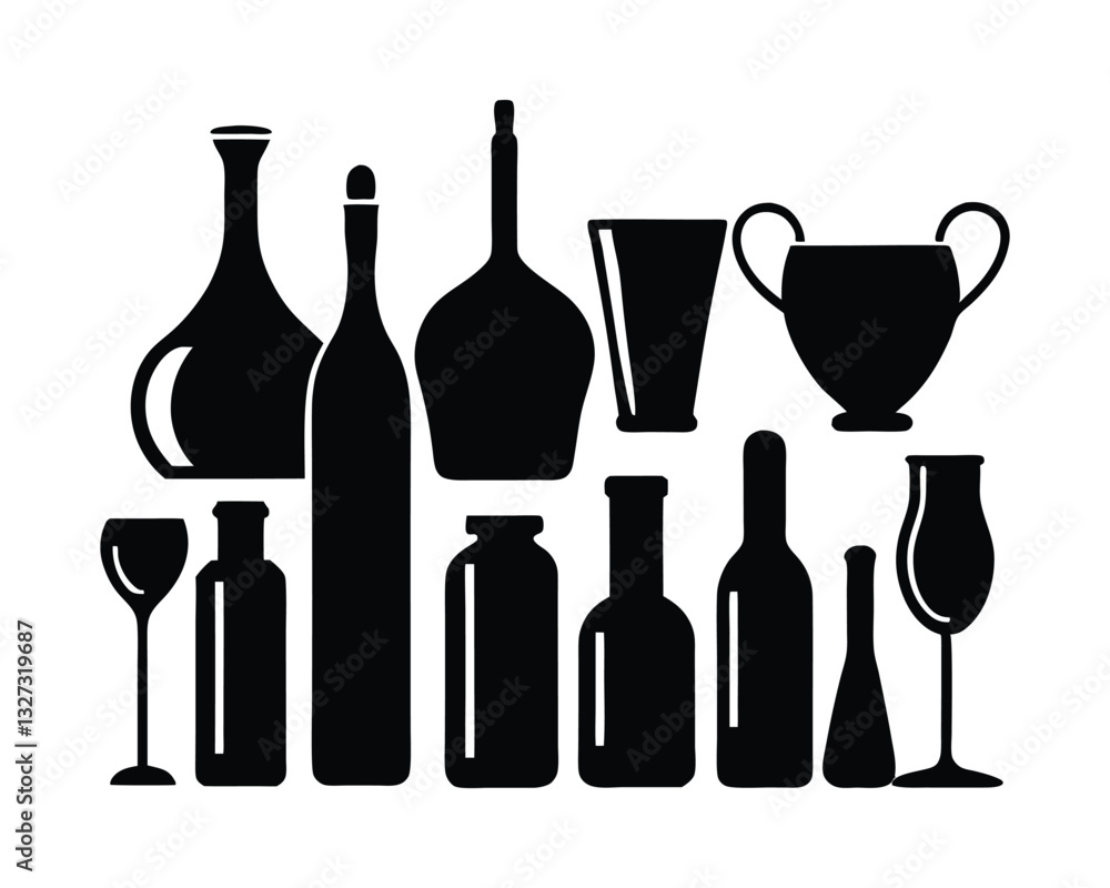 wine bottles and glasses bundle set silhouette design on a white background wine bottles and glasses bundle set silhouette design on a white background