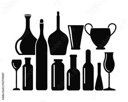 wine bottles and glasses bundle set  silhouette design on a white background