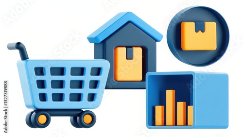 3D Render of E commerce and Logistics Icons Shopping Cart, Warehouse, Package, and Bar Graph