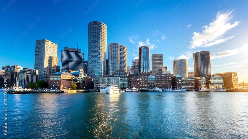 Obraz premium Stunning skyline of a bustling city reflected in calm waters under a clear blue sky during sunset : Generative AI