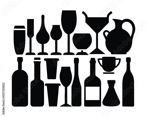 wine bottles and glasses bundle set on a white background
