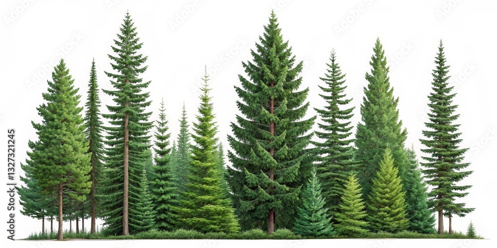 Fototapeta premium Green Pine Tree Forest isolated on white, Evergreen , Woodland