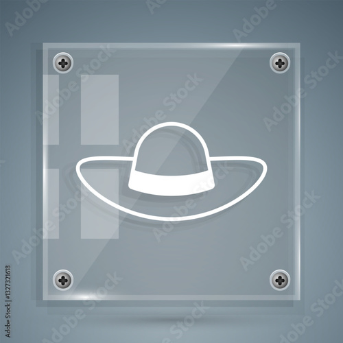 White Elegant women hat icon isolated on grey background. Square glass panels. Vector