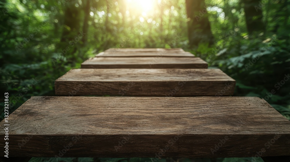 A close-up view of wooden steps ascending through a sunlit forest, surrounded by vibrant greenery and the gentle glow of sunlight filtering through the leaves. A close-up view of wooden steps ascending through a sunlit forest, surrounded by vibrant greenery and the gentle glow of sunlight filtering through the leaves.