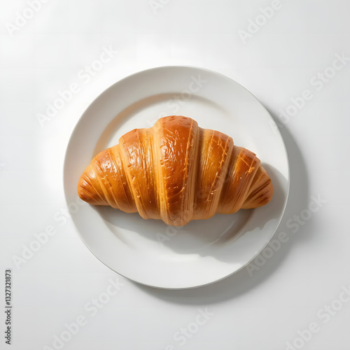 Delicious golden-brown flaky croissant placed on a simple white plate, highlighting its buttery texture, crisp layers, and warm inviting appeal in a high-quality food photography setting in soft light