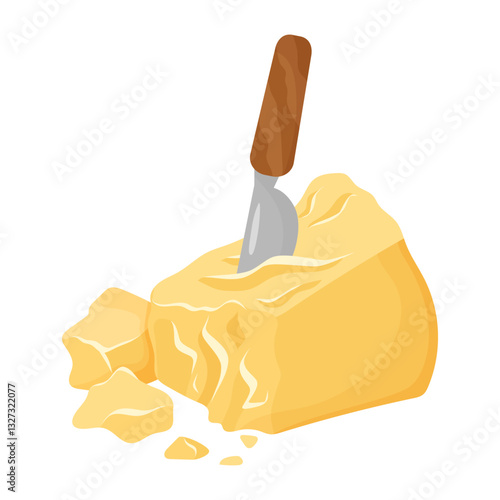 Parmesan cheese with knife cut into pieces. Organic farm food. Design element, cartoon flat illustration for logo, poster, menu. Isolated on white background.