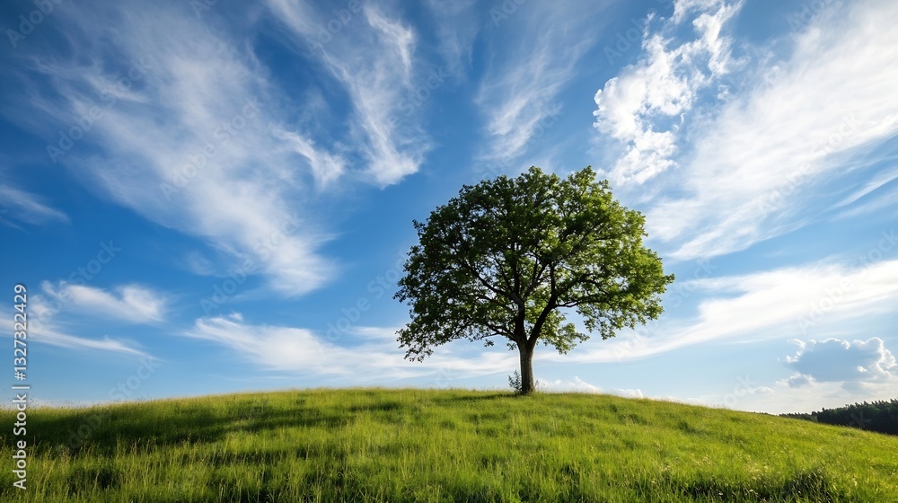 Lone tree standing majestically on a lush green hill against a bright blue sky with soft clouds : Generative AI Lone tree standing majestically on a lush green hill against a bright blue sky with soft clouds : Generative AI