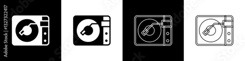 Set Vinyl player with a vinyl disk icon isolated on black and white background. Vector