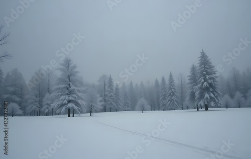 Serene winter scene with a foggy forest covered in snow, featuring bare trees and a peaceful cold atmosphere, perfect for seasonal and nature themes