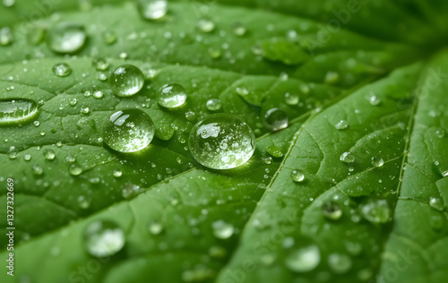 Refreshing close-up of a vibrant green leaf with fresh dewdrops glistening in the sunlight, capturing the beauty of nature’s details and purity in the morning